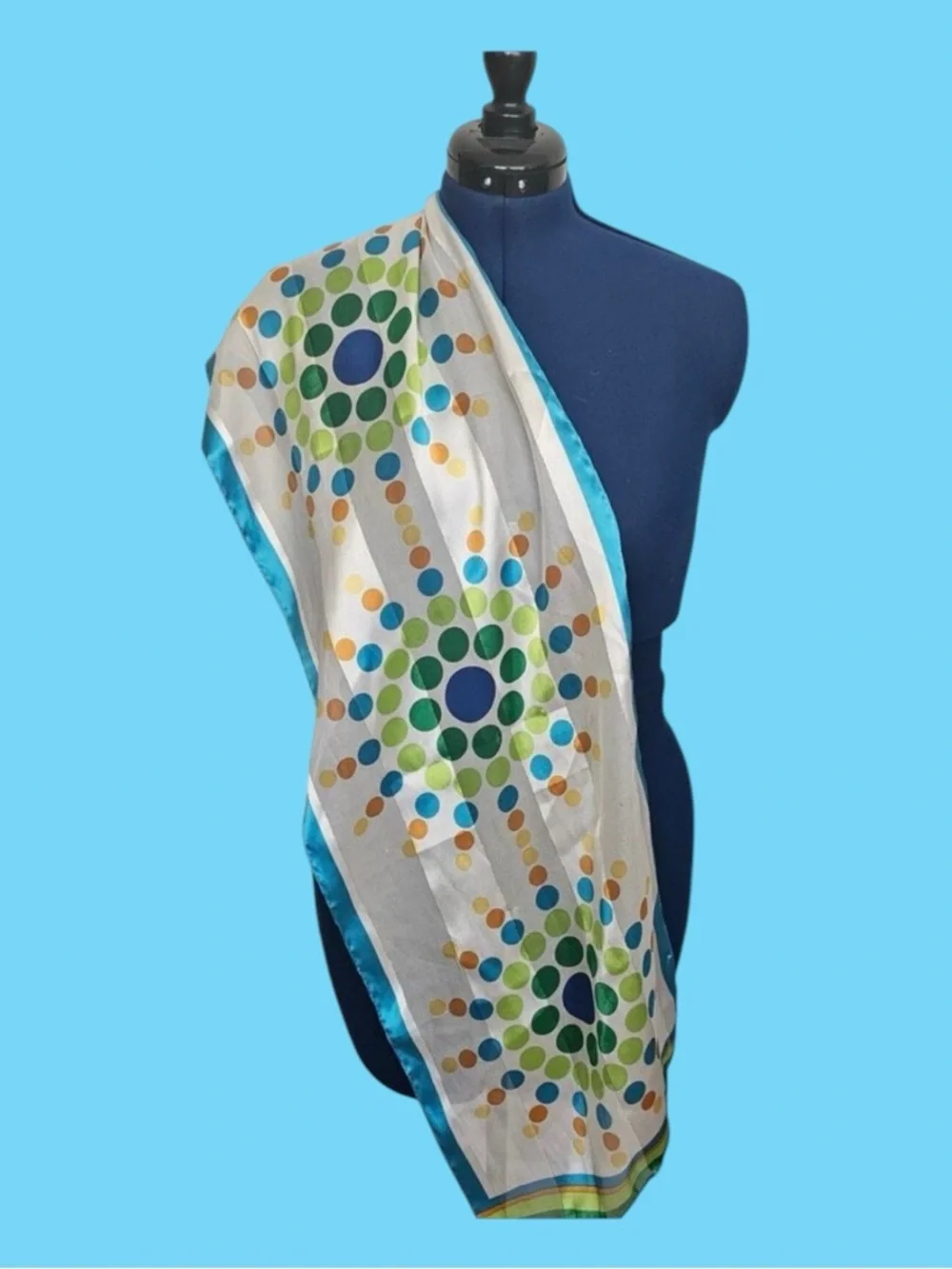 Vintage 60s/70s Mod Geometric Dot Scarf Blue Green Print Retro Mid-Century Style